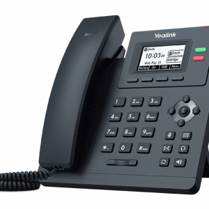 Un téléphone de bureau Yealink avec un écran numérique, un clavier numérique et un combiné, idéal pour les environnements professionnels.