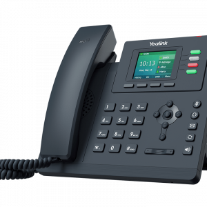 Téléphone de bureau moderne avec écran numérique et clavier, conçu pour une communication efficace.
