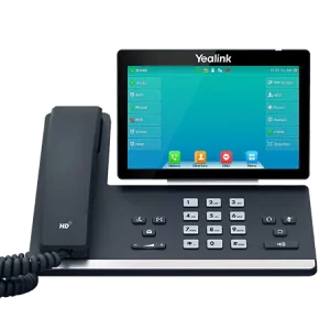 Téléphone IP Yealink avec un écran tactile et un combiné, affichant une interface utilisateur moderne et fonctionnelle.