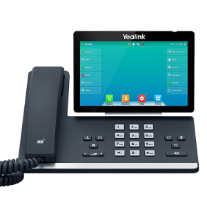 Un téléphone de bureau Yealink avec écran tactile et plusieurs boutons de fonction.